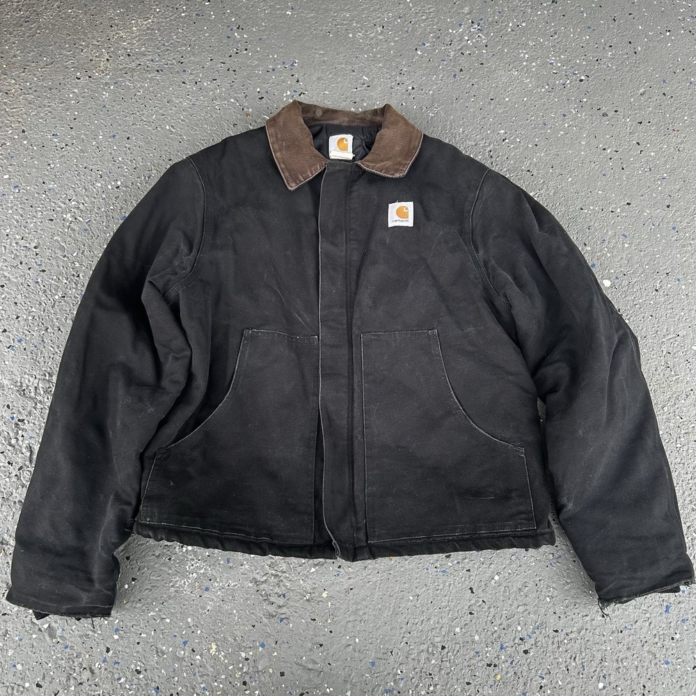 VTG Carhartt J02BLK Detroit Arctic Corduroy Collar Black Faded Jacket 46T Sz XL